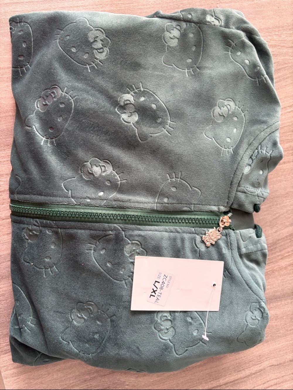 Helix Teal color Straight Leg Plush Jumpsuit with Hello Kitty Emboss